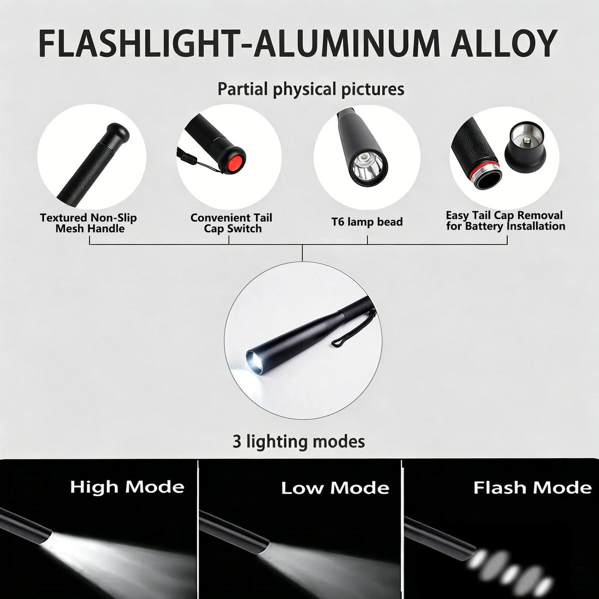 Aluminum Alloy Flashlight – 3 Modes Durable Portable Torch