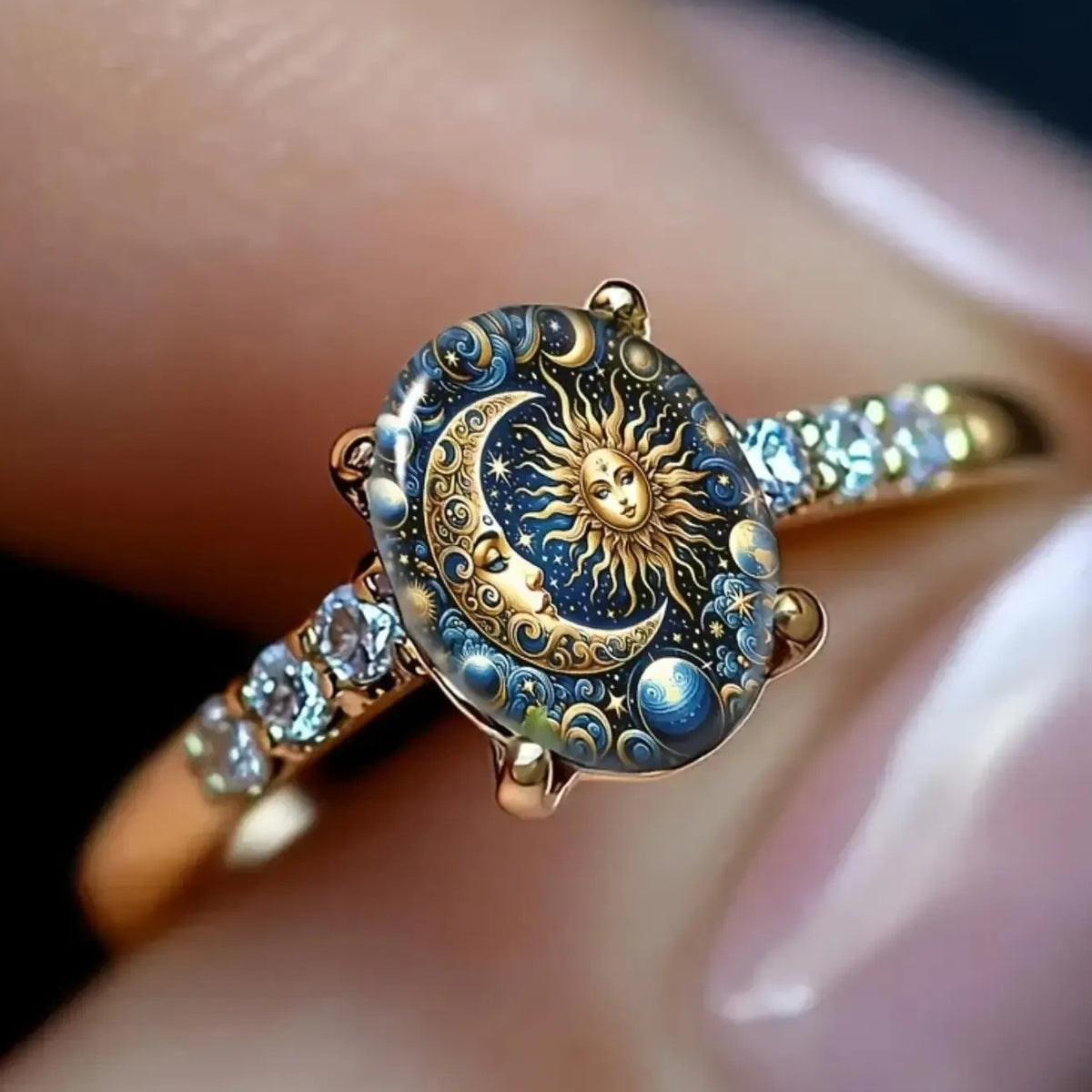 Copper Sun & Moon Celestial Enamel Ring – Mystical Cosmic Jewelry