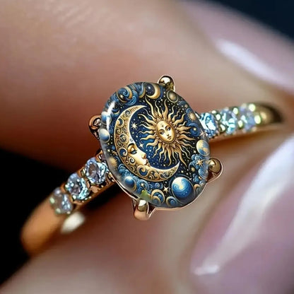 Copper Sun & Moon Celestial Enamel Ring – Mystical Cosmic Jewelry