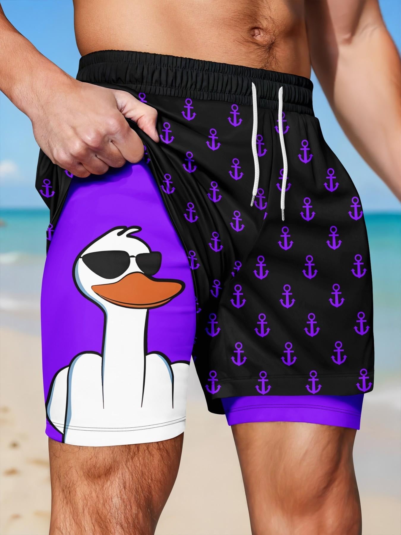 Men’s 2-in-1 Quick Dry Swim Trunks, Bold Duck & Anchor Print