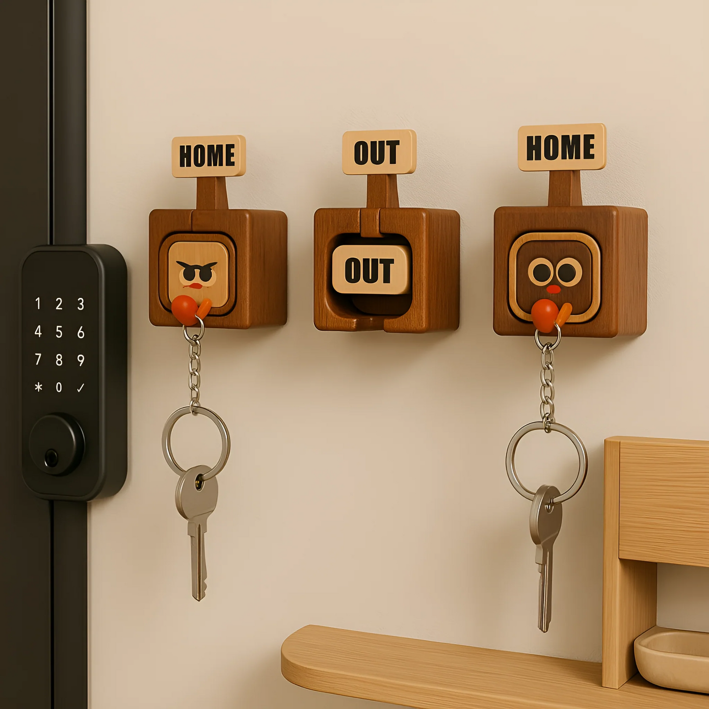 Handmade Wooden Magnetic Key Holder – 3 Cute Cartoon Wall Hooks & Charms