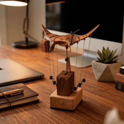 Wooden Manta Ray Sculpture with Moving Wings