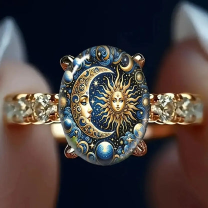 Copper Sun & Moon Celestial Enamel Ring – Mystical Cosmic Jewelry