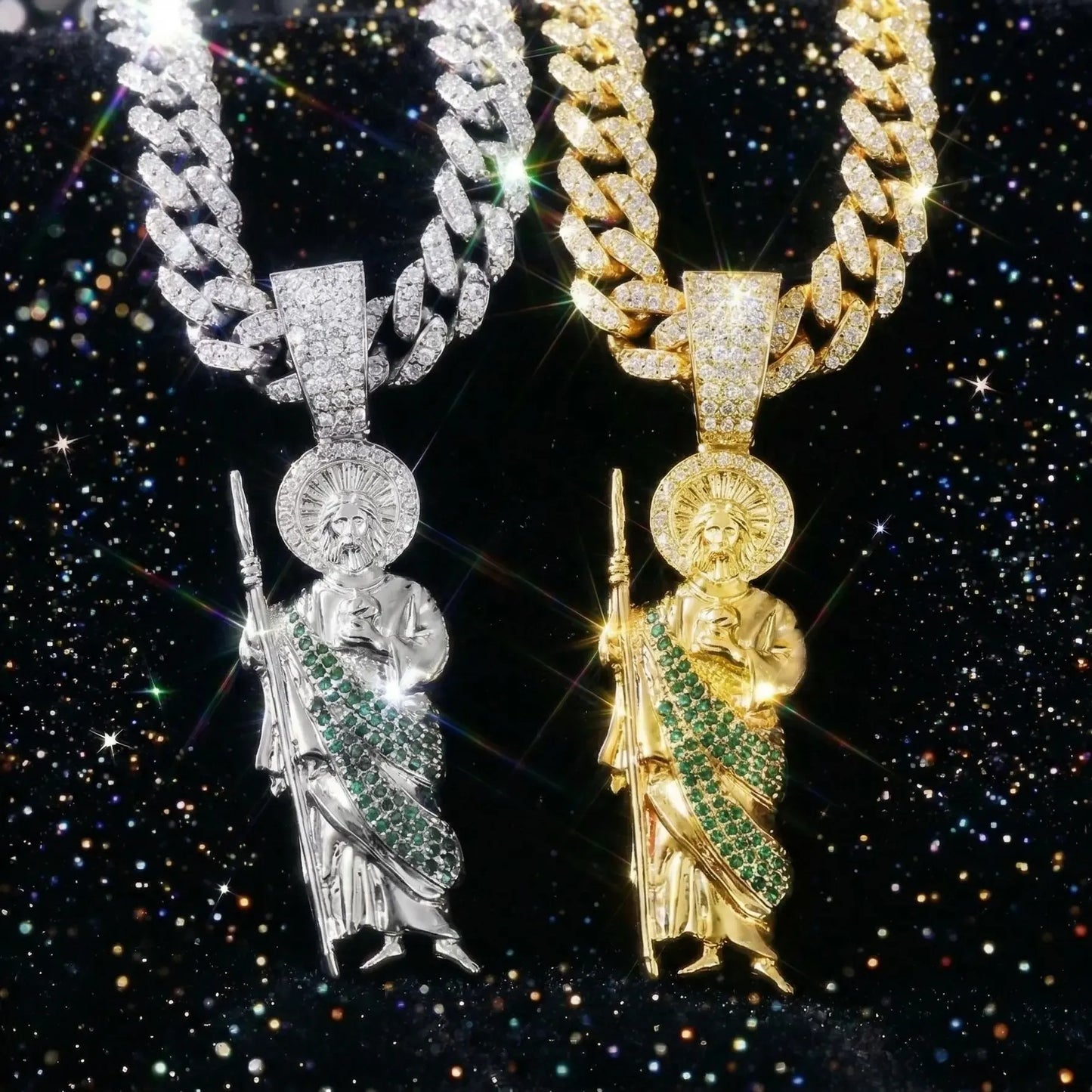 St. Jude Iced-Out Pendant Necklace – Green or White Rhinestone Cuban Link Chain