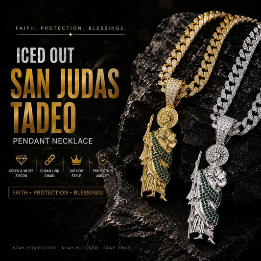 St. Jude Iced-Out Pendant Necklace – Green or White Rhinestone Cuban Link Chain