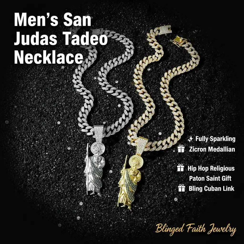 St. Jude Iced-Out Pendant Necklace – Green or White Rhinestone Cuban Link Chain