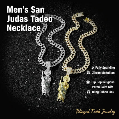 St. Jude Iced-Out Pendant Necklace – Green or White Rhinestone Cuban Link Chain