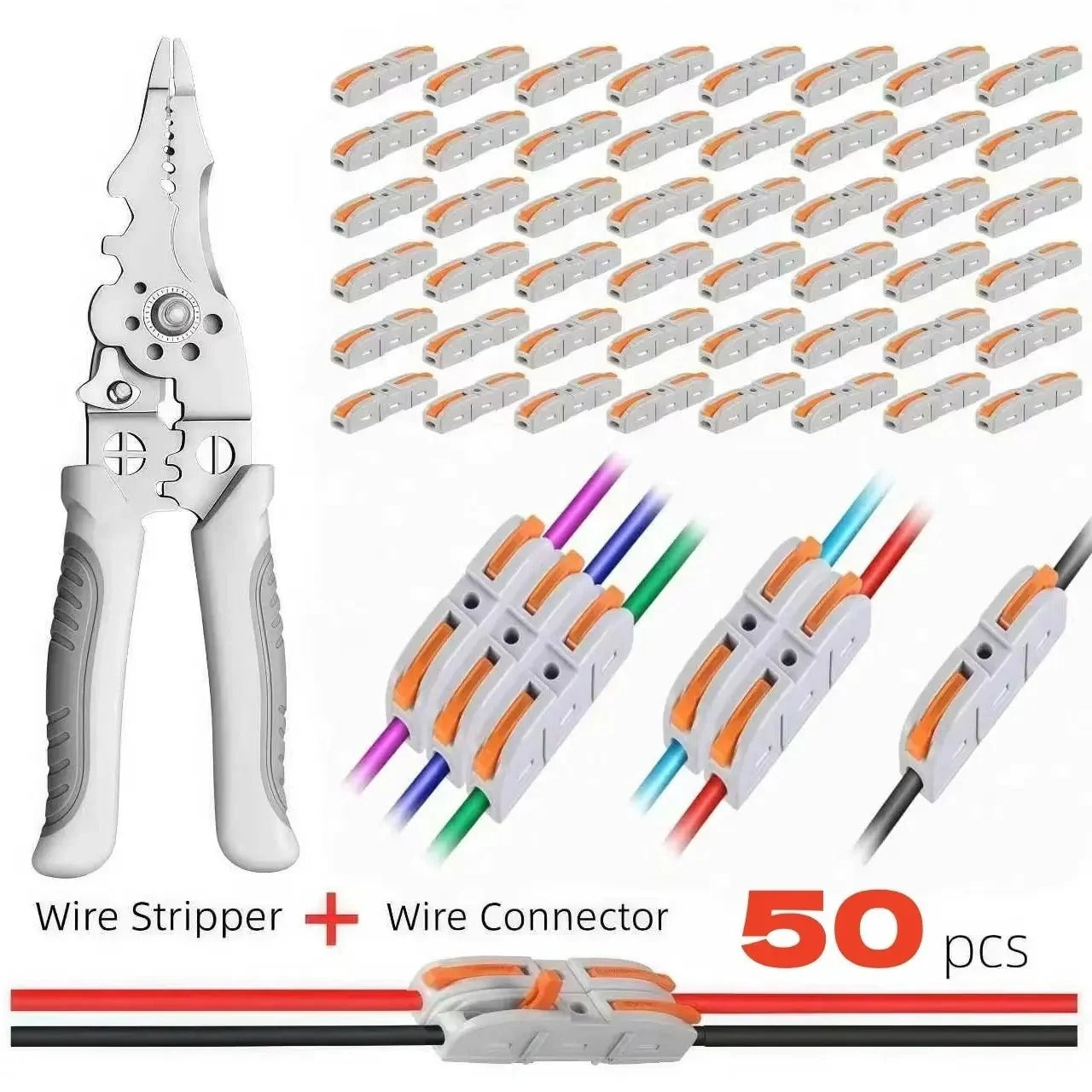 Quick-Lever Wire Connector Kit with Wire Stripper – 24-12 AWG, 50/100 Pcs