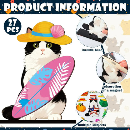 Halloween Cat Decor – Interchangeable Magnetic Wooden Sign with Detachable Hats for All Holidays