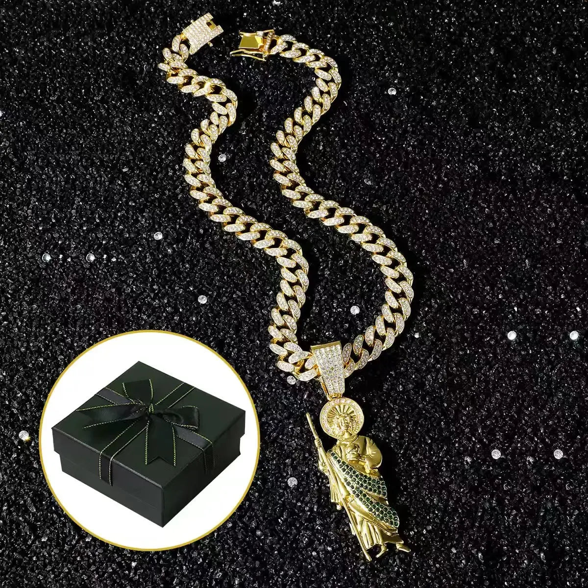 St. Jude Iced-Out Pendant Necklace – Green or White Rhinestone Cuban Link Chain