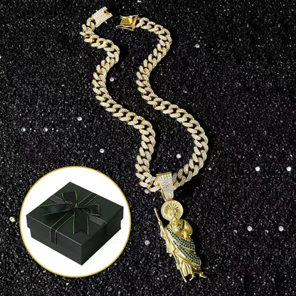 St. Jude Iced-Out Pendant Necklace – Green or White Rhinestone Cuban Link Chain