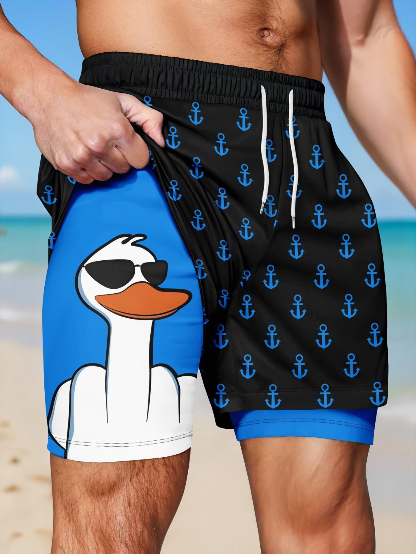 Men’s 2-in-1 Quick Dry Swim Trunks, Bold Duck & Anchor Print