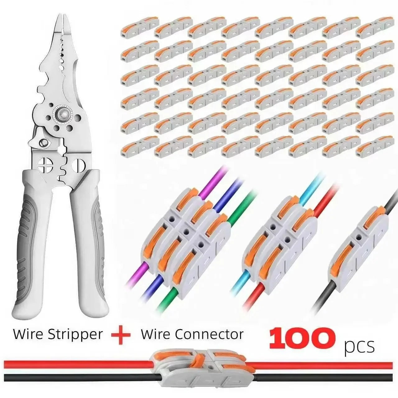 Quick-Lever Wire Connector Kit with Wire Stripper – 24-12 AWG, 50/100 Pcs