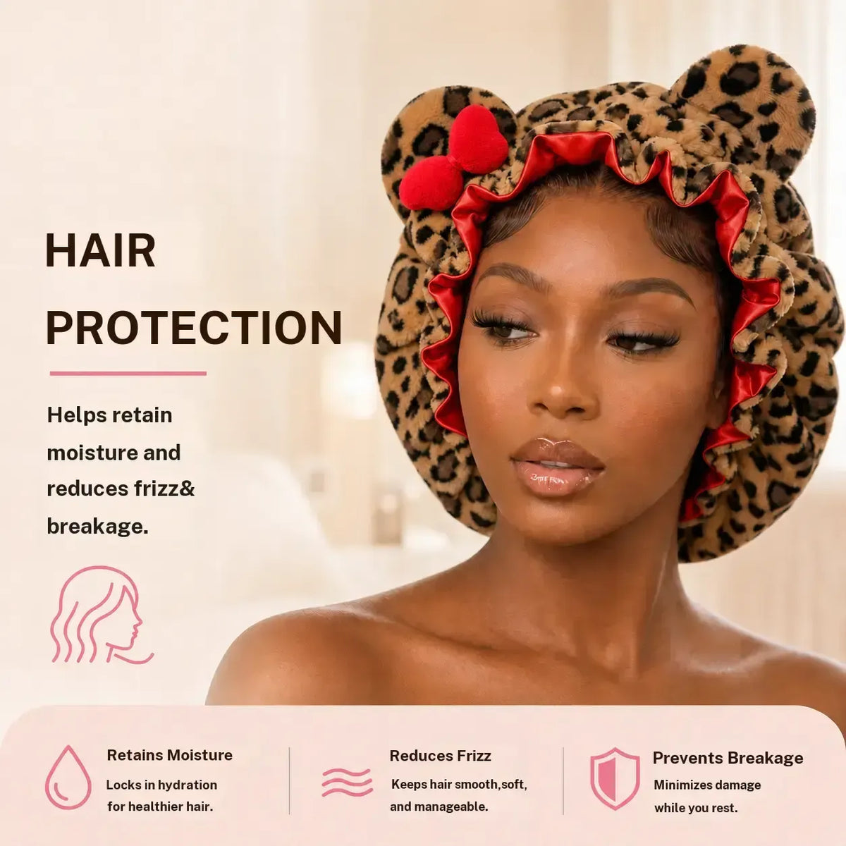 Leopard Print Satin Sleep Cap – Plush Bear Ear Hair Protection