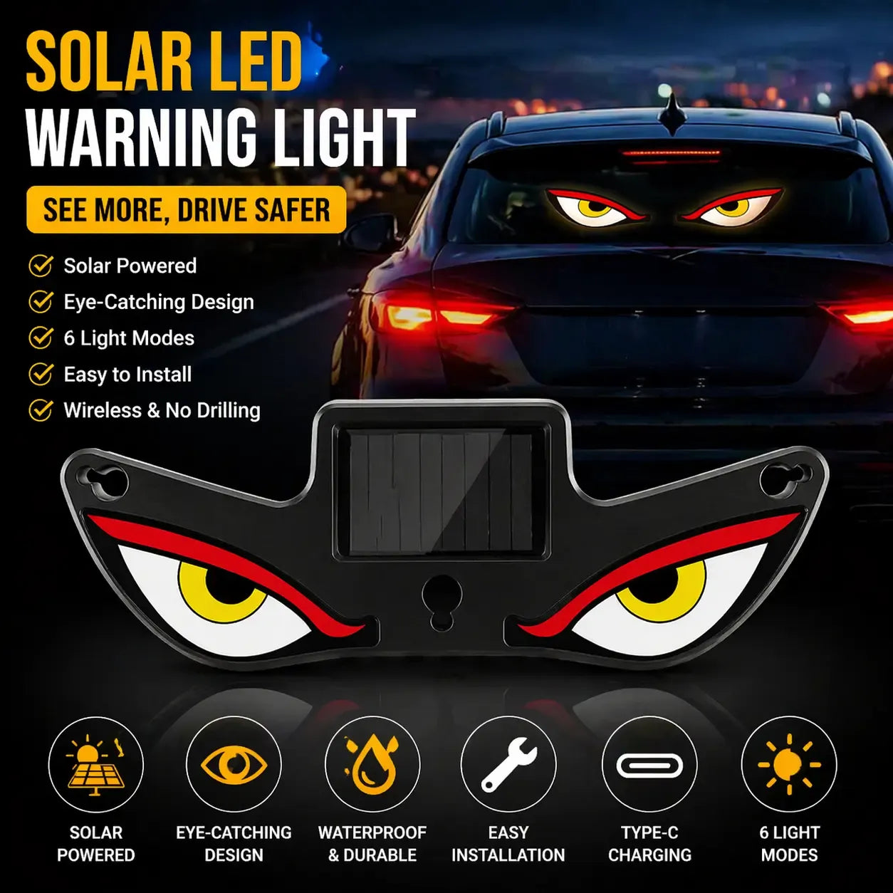 Vampire Devil Eye LED Car Window Display, Solar & USB Powered