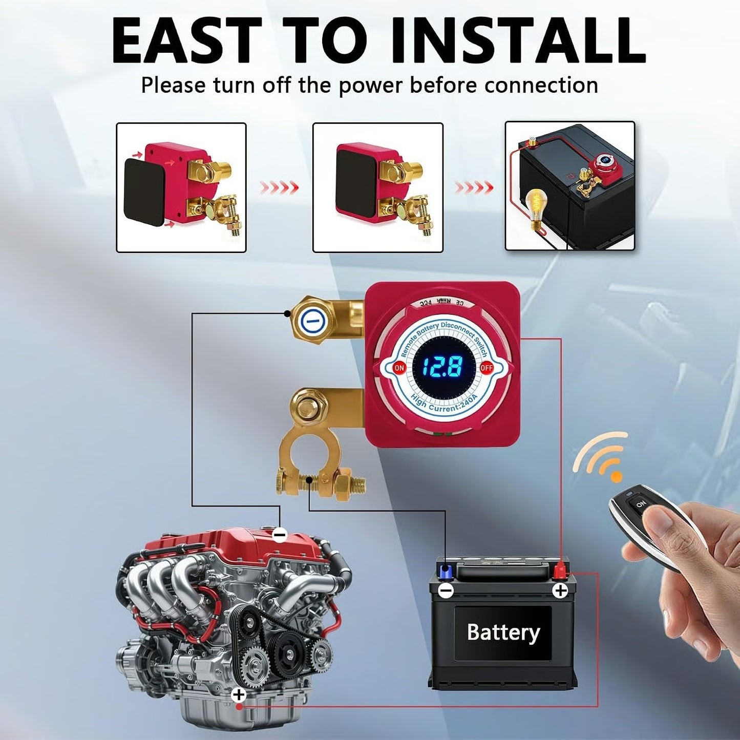 12V 240A Remote Battery Disconnect Switch with LED Voltage Display