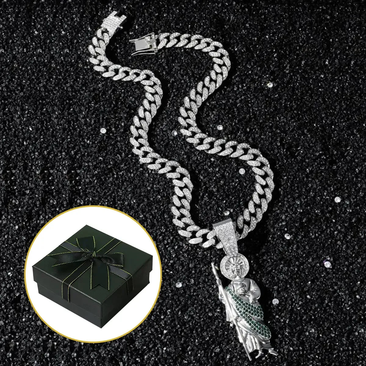 St. Jude Iced-Out Pendant Necklace – Green or White Rhinestone Cuban Link Chain
