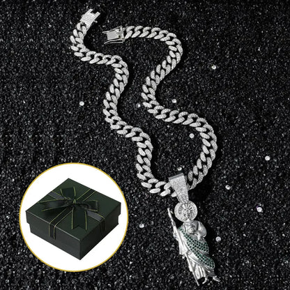 St. Jude Iced-Out Pendant Necklace – Green or White Rhinestone Cuban Link Chain
