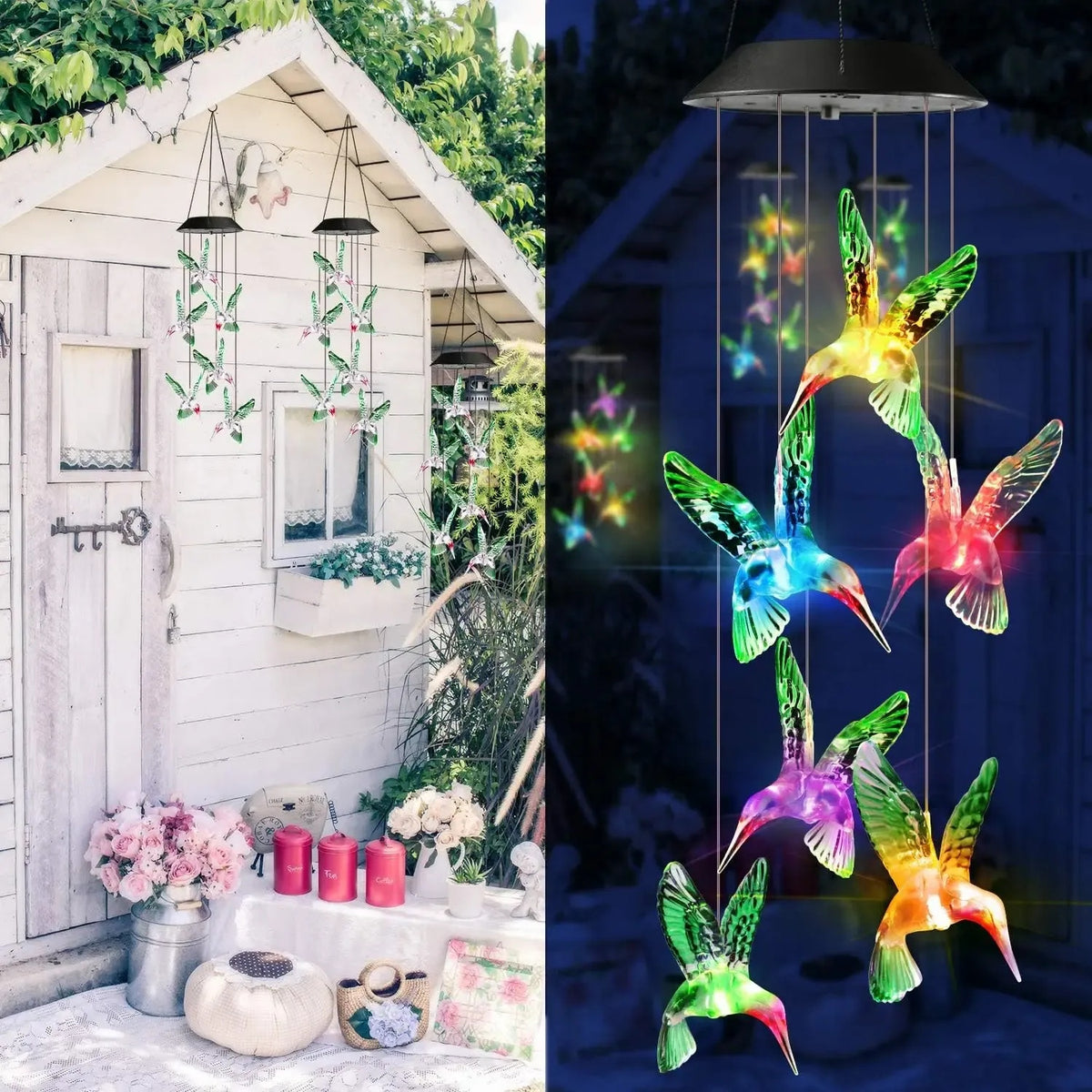 Solar Color-Changing Hummingbird Wind Chime – Waterproof LED Garden Décor