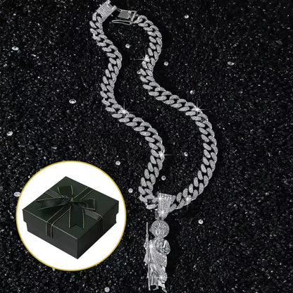 St. Jude Iced-Out Pendant Necklace – Green or White Rhinestone Cuban Link Chain