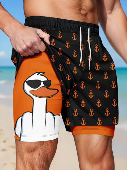 Men’s 2-in-1 Quick Dry Swim Trunks, Bold Duck & Anchor Print