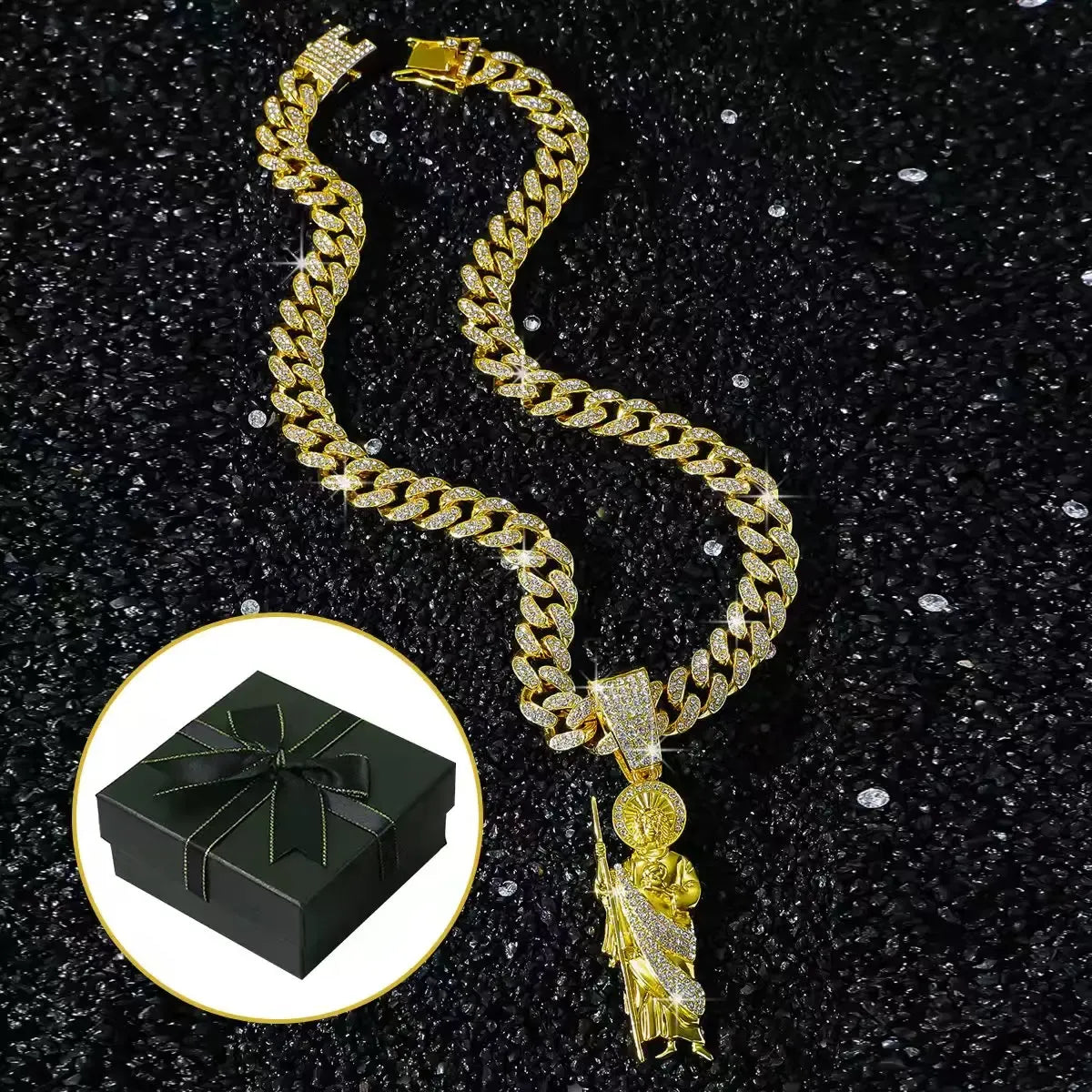 St. Jude Iced-Out Pendant Necklace – Green or White Rhinestone Cuban Link Chain
