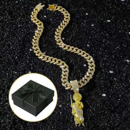 St. Jude Iced-Out Pendant Necklace – Green or White Rhinestone Cuban Link Chain