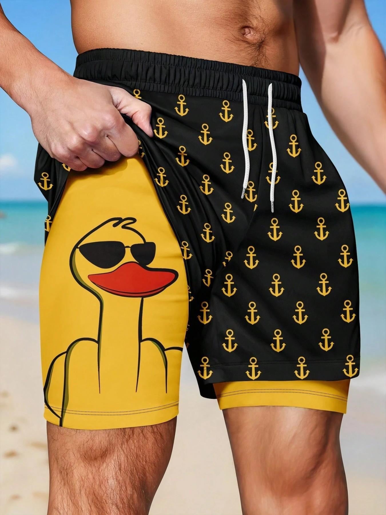 Men’s 2-in-1 Quick Dry Swim Trunks, Bold Duck & Anchor Print