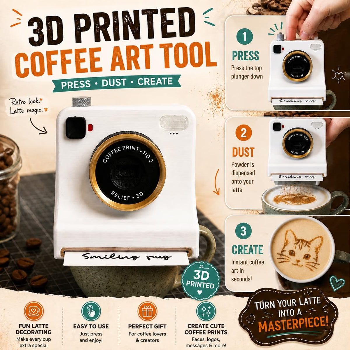 3D Printed Latte Art Camera – Easy Coffee Stencil Tool