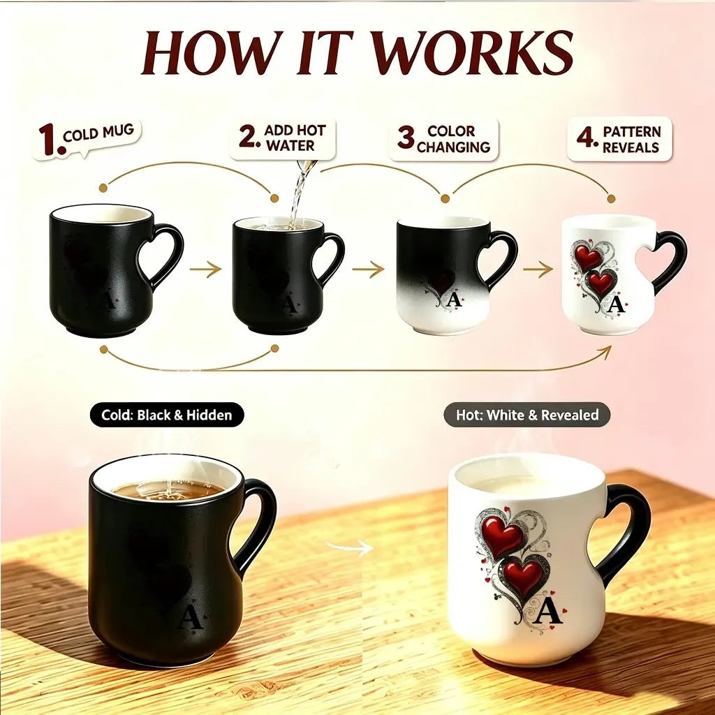 Magic Heart Initial Mug – 26 Letters, Color-Changing Ceramic, 11oz