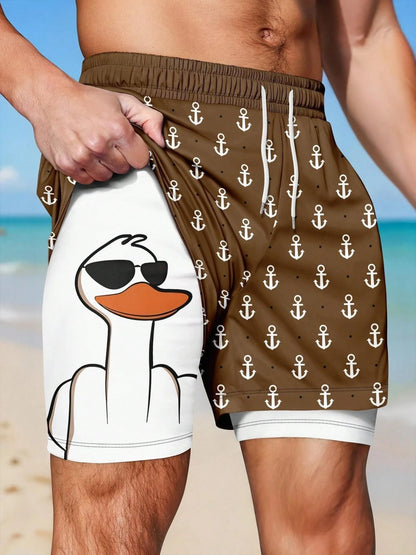 Men’s 2-in-1 Quick Dry Swim Trunks, Bold Duck & Anchor Print