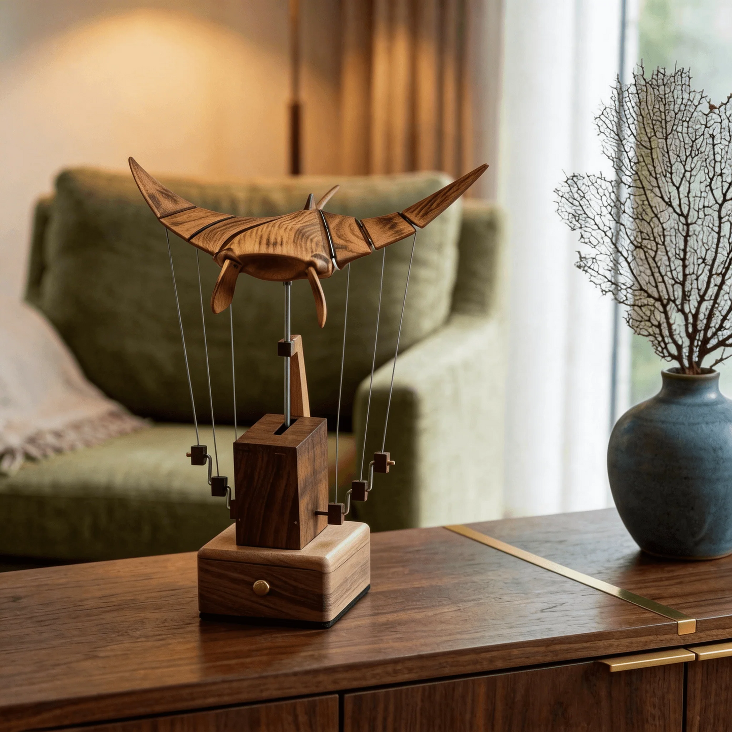 Wooden Manta Ray Sculpture with Moving Wings