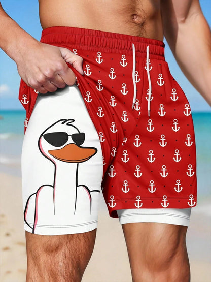 Men’s 2-in-1 Quick Dry Swim Trunks, Bold Duck & Anchor Print