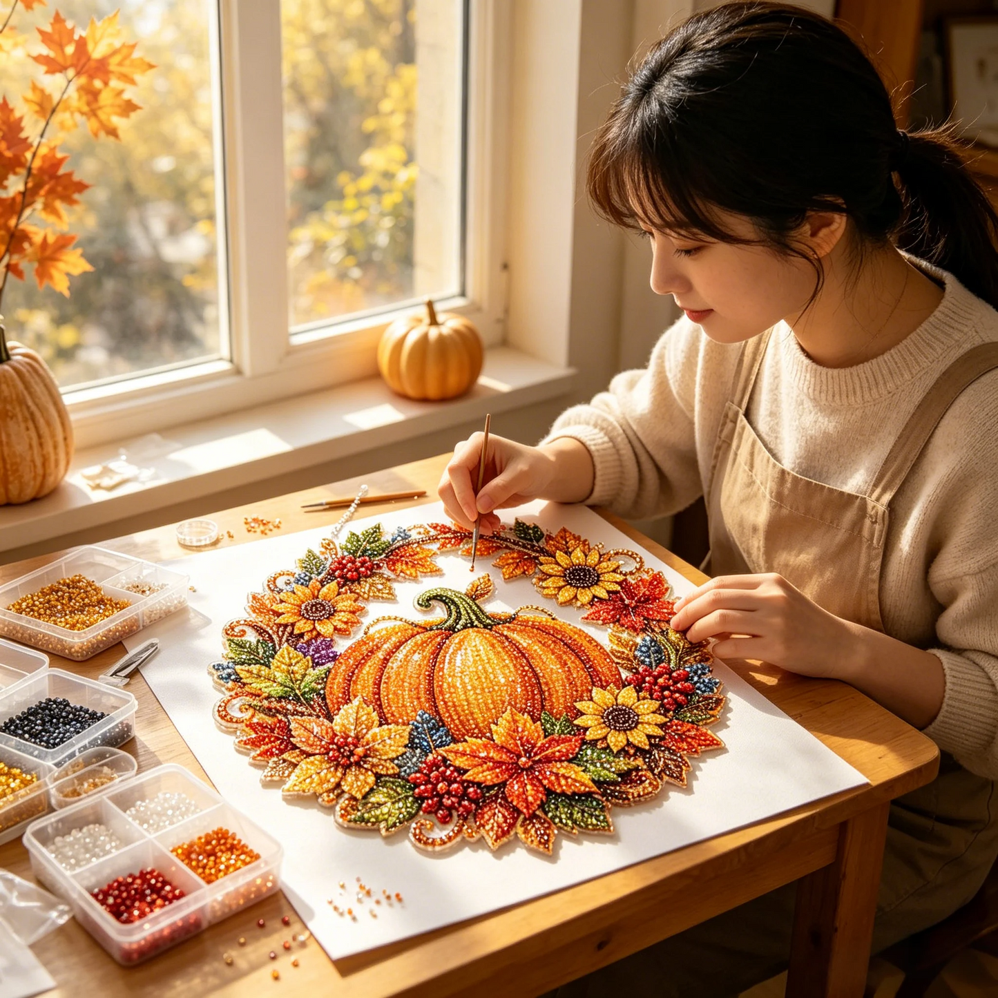 Halloween Hanging Diamond Art Kit – DIY 5D Pumpkin Wreath Gem Ornament