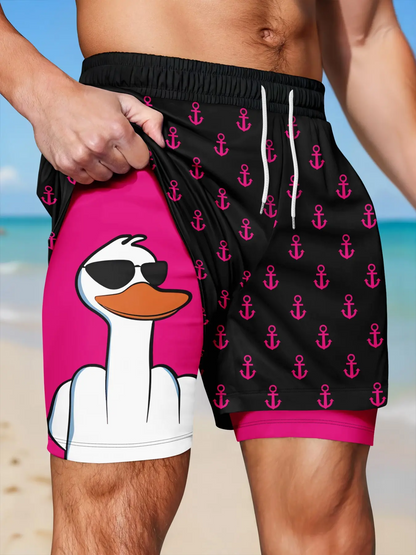 Men’s 2-in-1 Quick Dry Swim Trunks, Bold Duck & Anchor Print