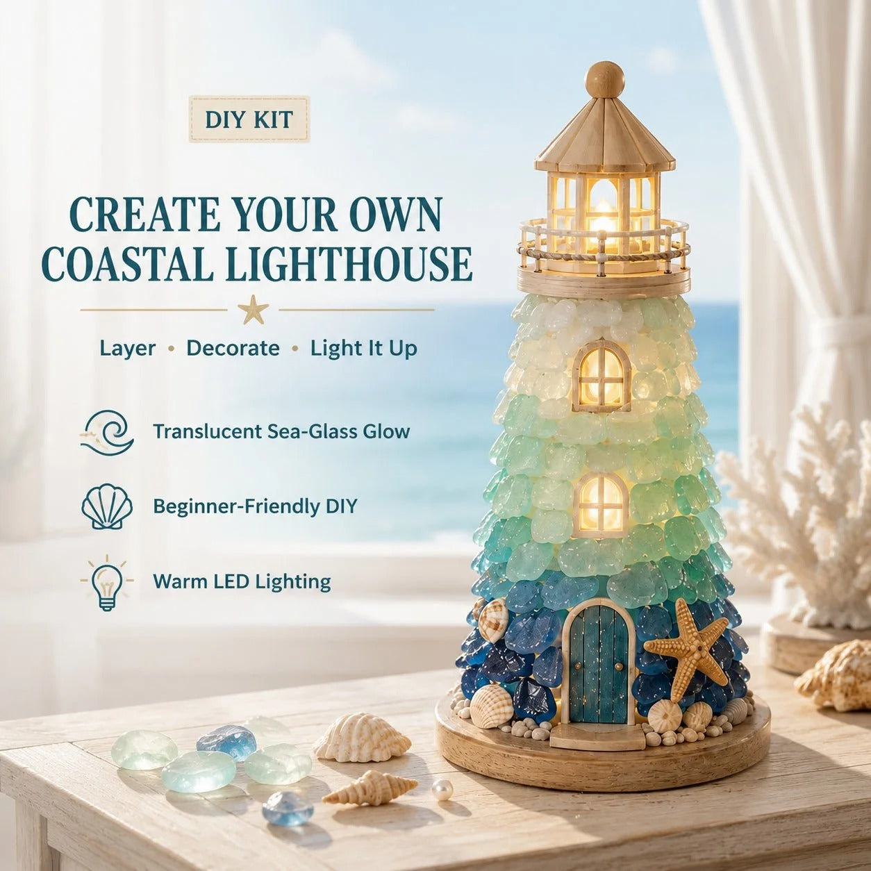 DIY Lighted Sea Glass Lighthouse Kit – Complete Beginner-Friendly Craft Set with LED
