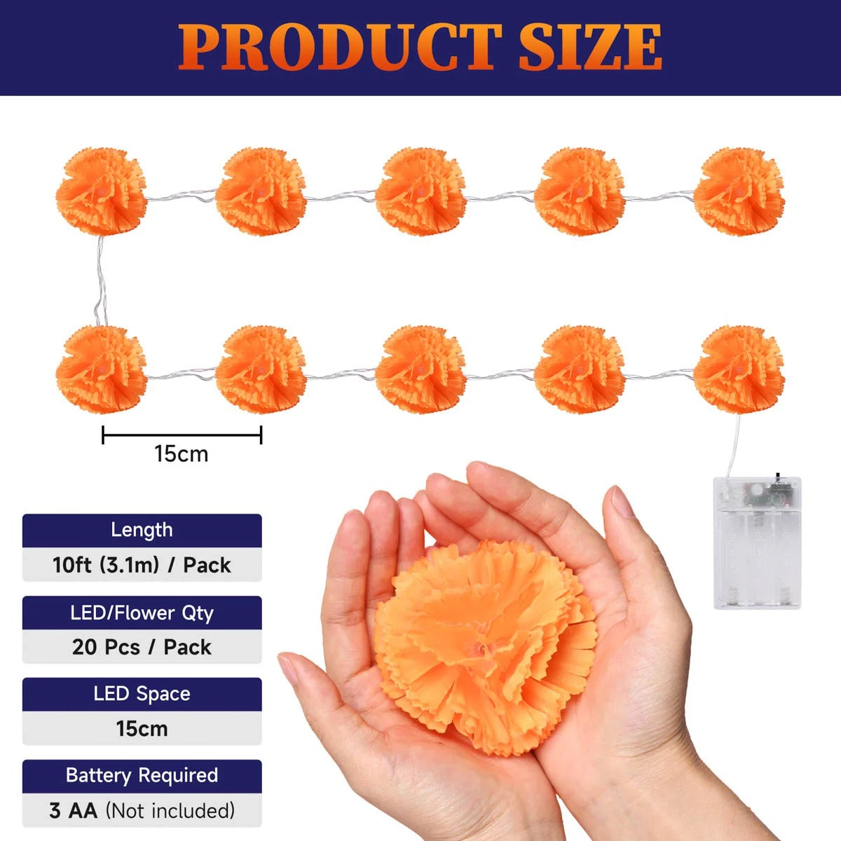 Halloween Marigold LED Garland Lights – 20/40 LEDs, Remote & Steady-On Options