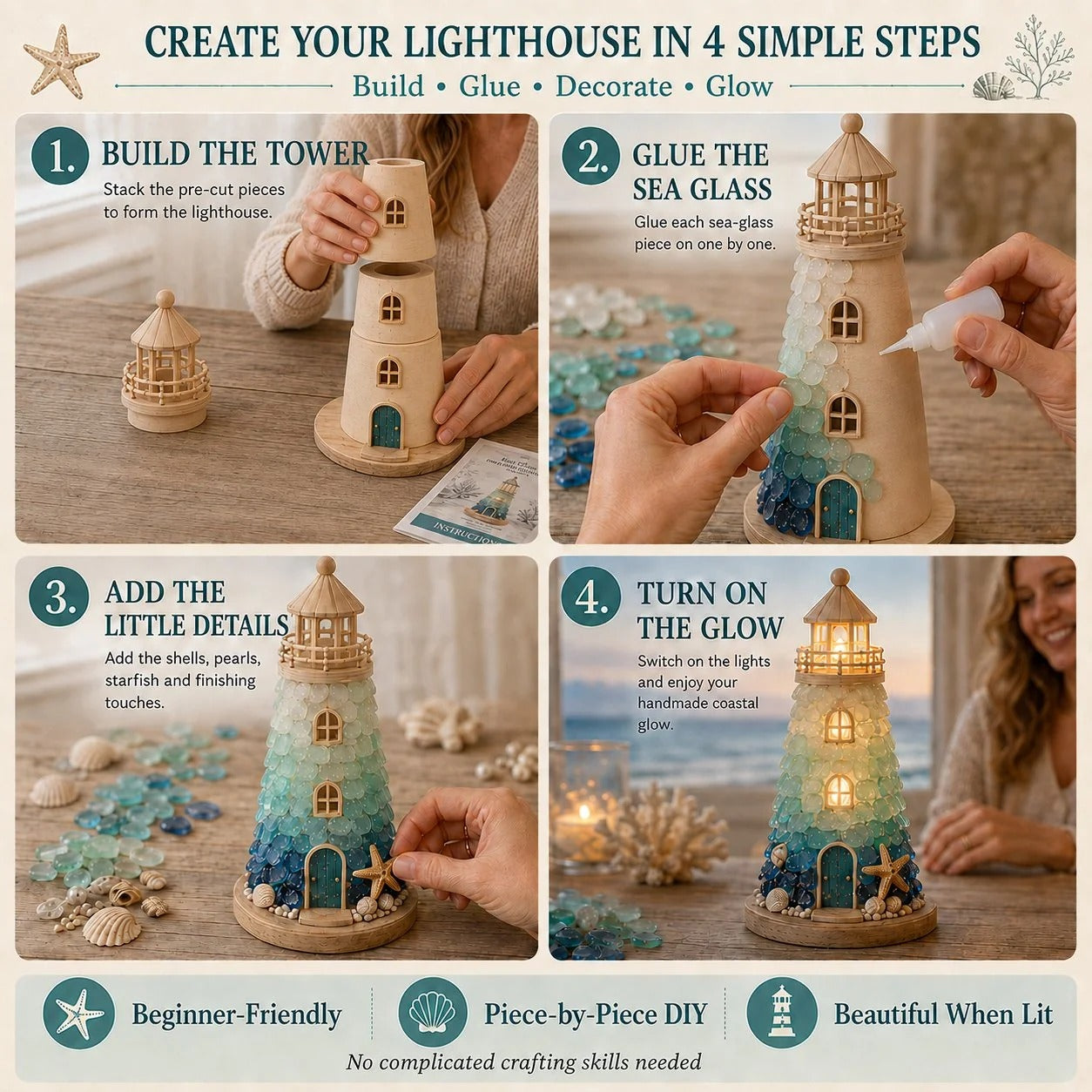 DIY Lighted Sea Glass Lighthouse Kit – Complete Beginner-Friendly Craft Set with LED