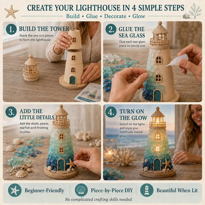 DIY Lighted Sea Glass Lighthouse Kit – Complete Beginner-Friendly Craft Set with LED
