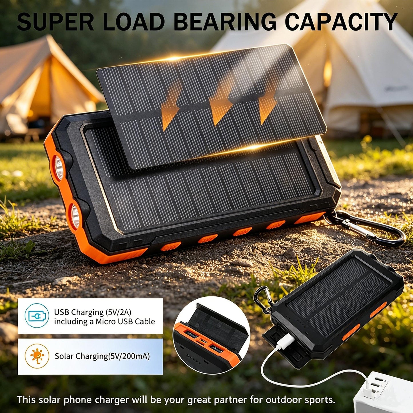 10000mAh Solar Power Bank with Flashlight & Dual USB Charging