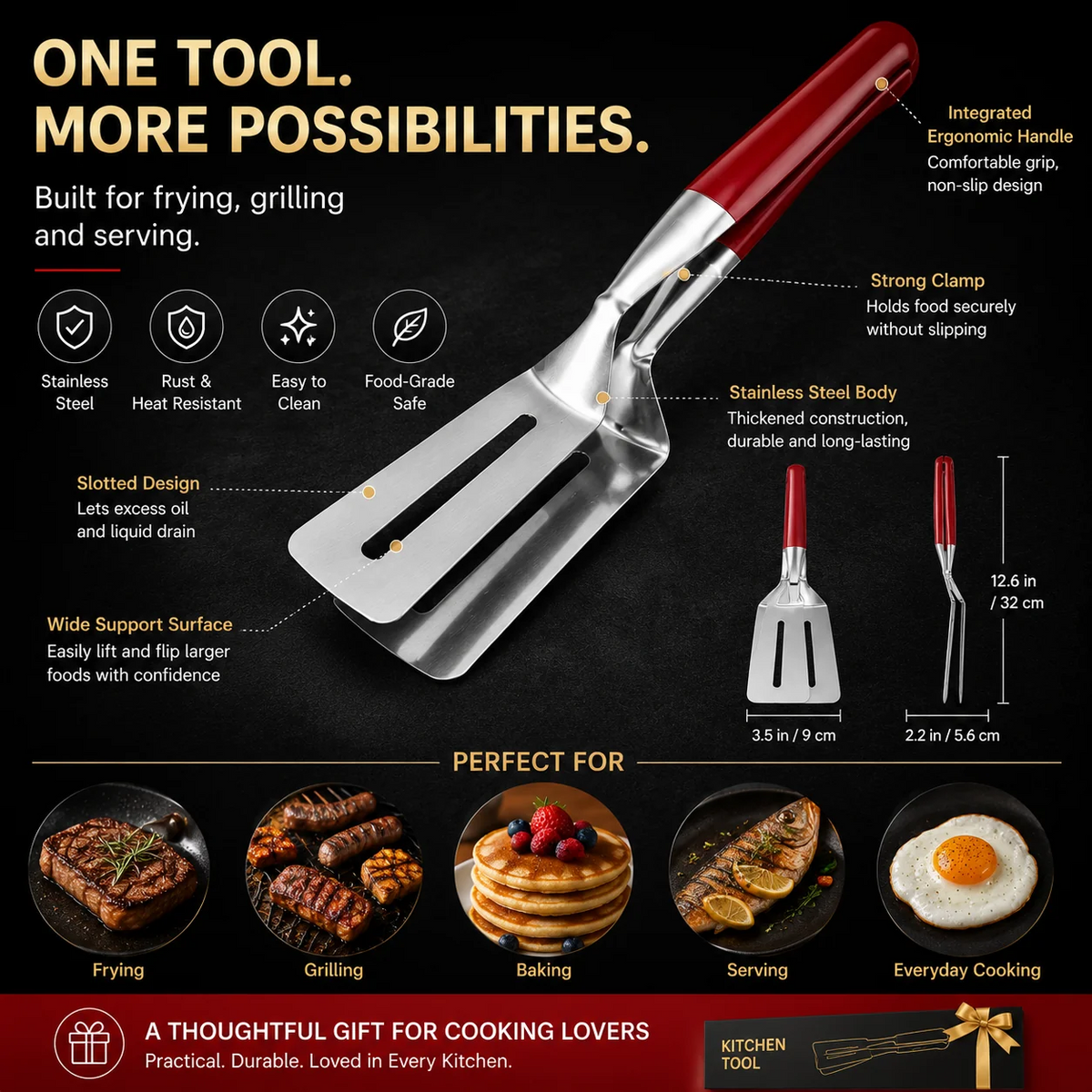 2-in-1 304 Food-Grade Stainless Steel Spatula Tongs – Grip, Flip & Serve