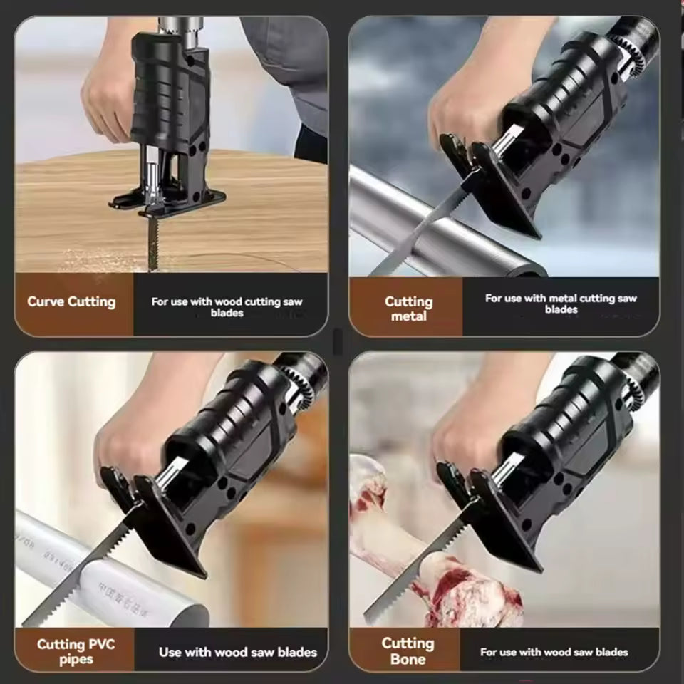 Reciprocating Saw Attachment for Drill – 3 Blades for Wood, Metal & PVC