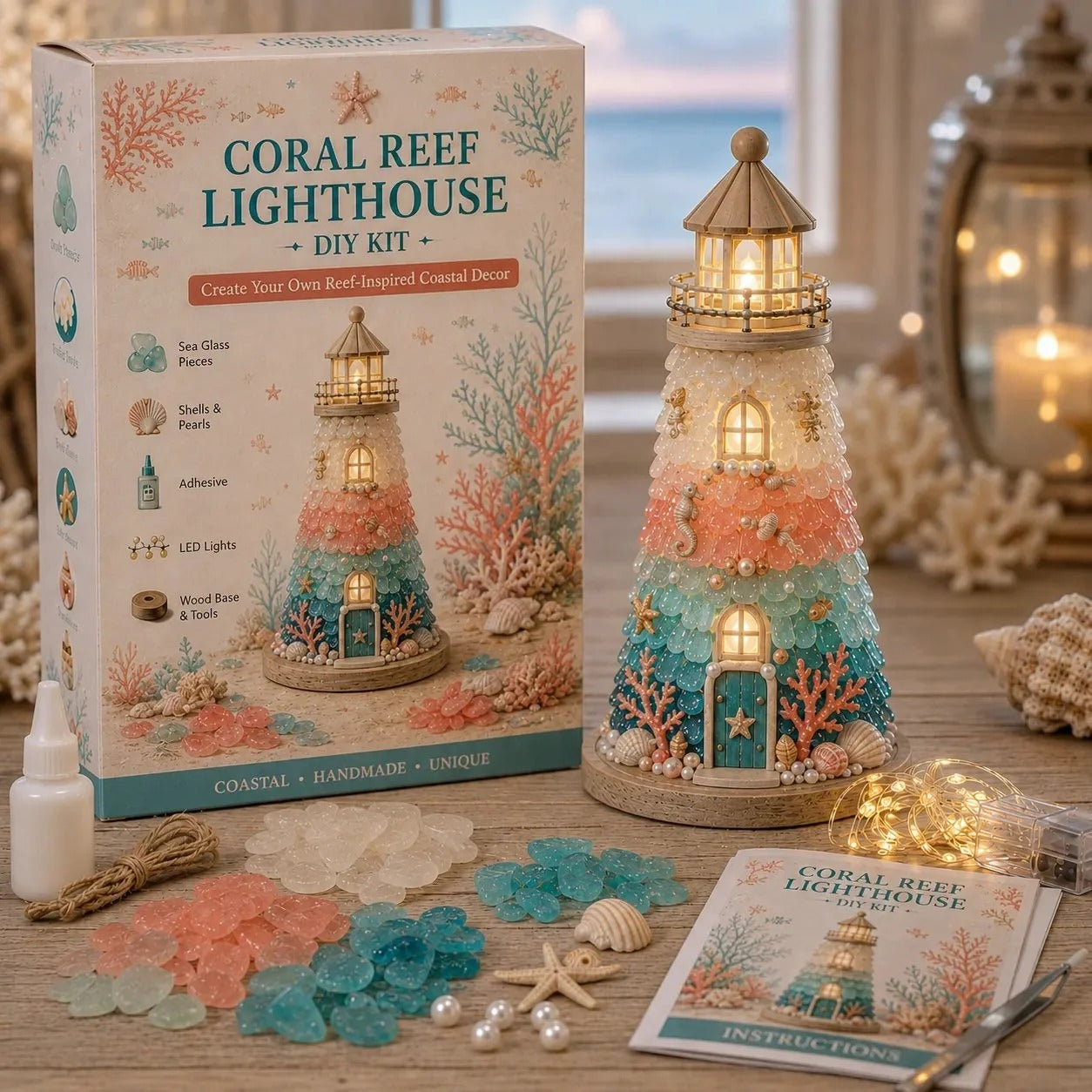 DIY Lighted Sea Glass Lighthouse Kit – Complete Beginner-Friendly Craft Set with LED