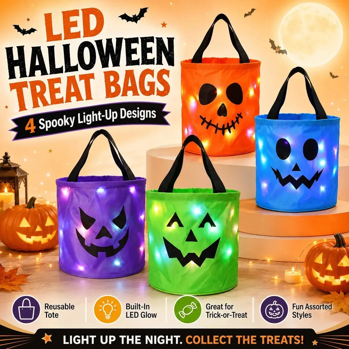 LED Light-Up Pumpkin Candy Bucket – Reusable Glow Trick-or-Treat Bag