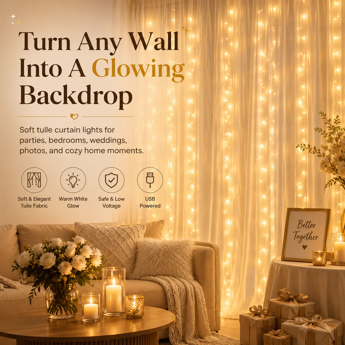 Dreamy Tulle Curtain Lights – 3m Width, Warm Glow, 3 Heights