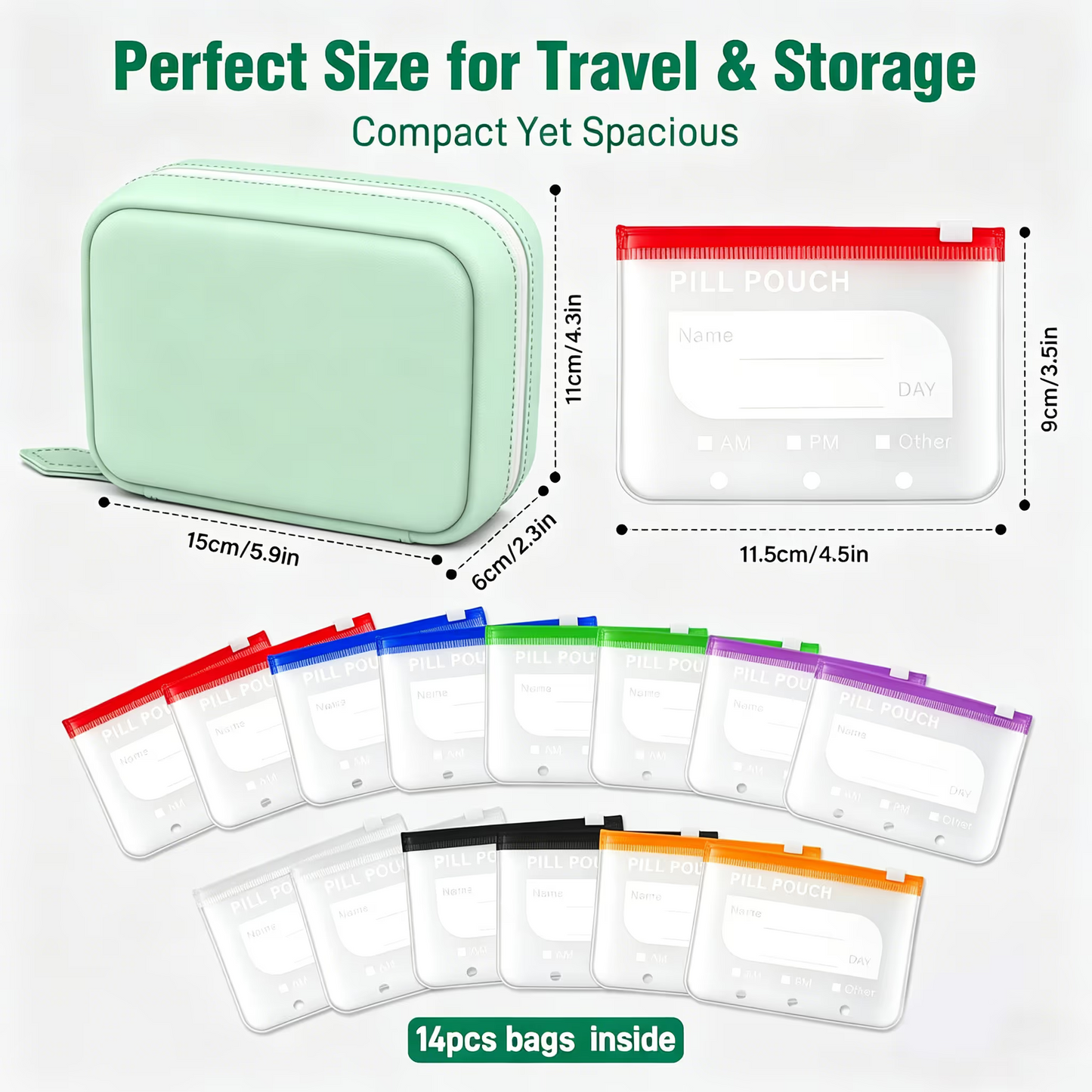 A8 14-Pouch Weekly Pill Organizer – Waterproof, Color-Coded Travel Storage