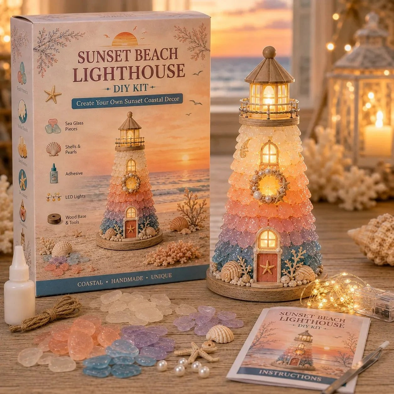 DIY Lighted Sea Glass Lighthouse Kit – Complete Beginner-Friendly Craft Set with LED
