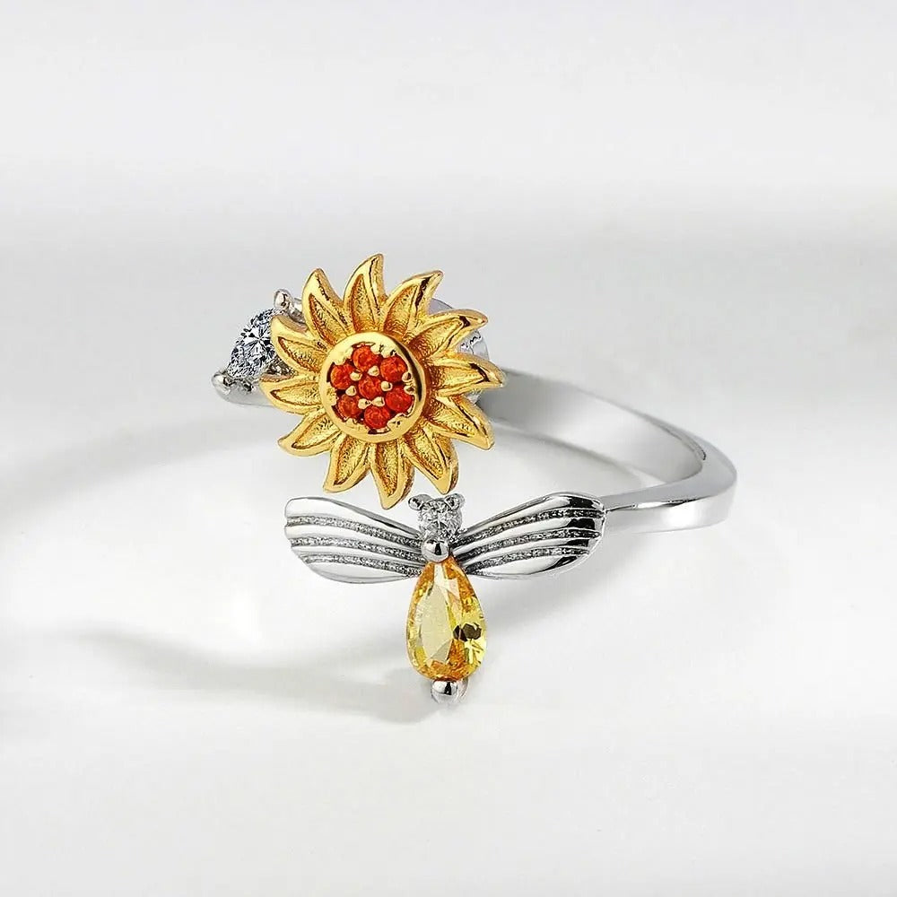 Sterling Silver Sunflower Spinner Ring – Adjustable Anxiety Relief & Stackable CZ Flower Band