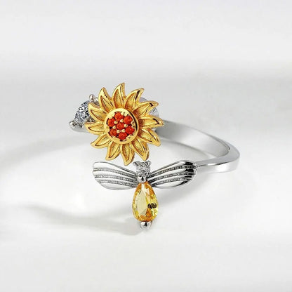 Sterling Silver Sunflower Spinner Ring – Adjustable Anxiety Relief & Stackable CZ Flower Band