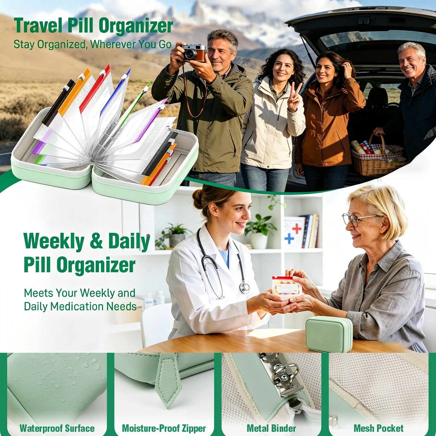 A8 14-Pouch Weekly Pill Organizer – Waterproof, Color-Coded Travel Storage